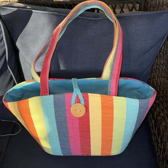 Colorful Rainbow Candy Stripe Bucket Tote Bag Woven Cotton Wood Button Accent - Picture 2 of 11